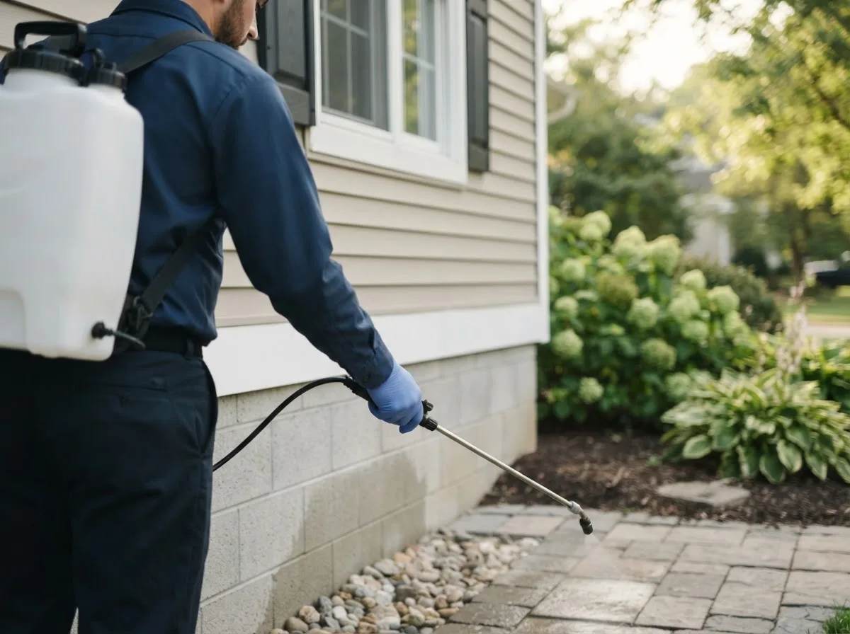 Pest control technician inspecting a home in Grantville, GA